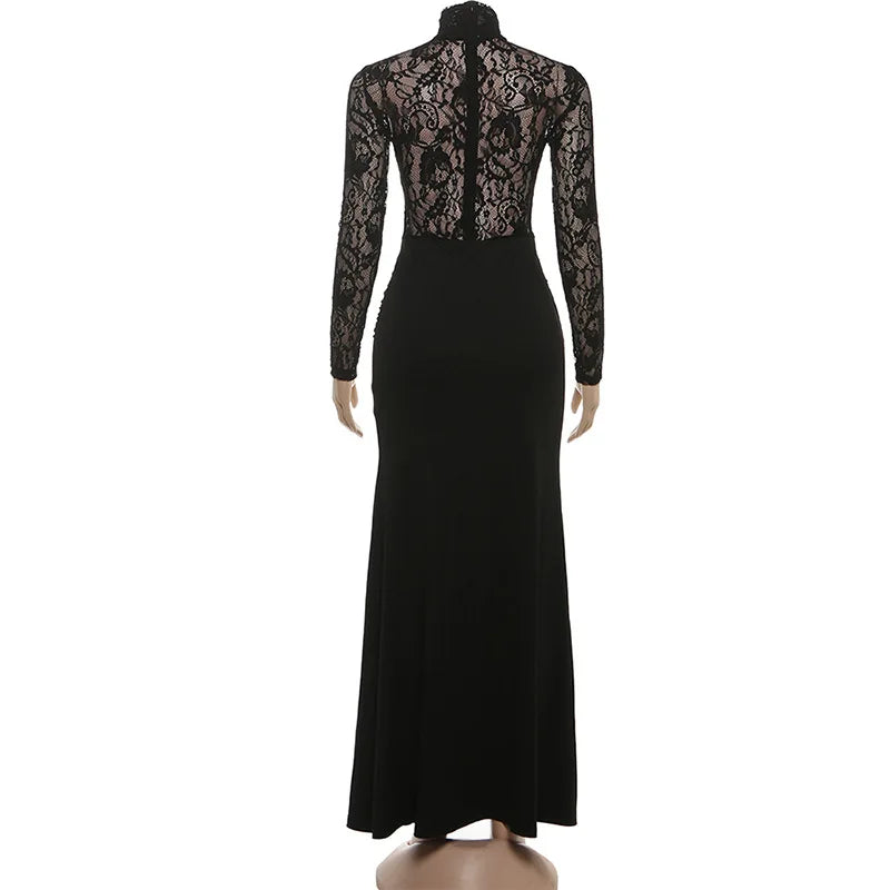 Black lace long-sleeve gown on a mannequin against a white background