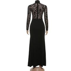 Black lace long-sleeve gown on a mannequin against a white background