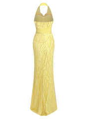 Yellow Halter Bow Beaded Sheath Maxi Dress