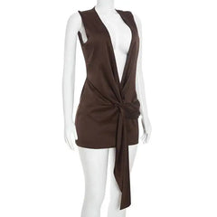 Plunging Neck Knot Front Mini Dress