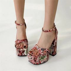 Floral Print Platform Block Heel Sandals