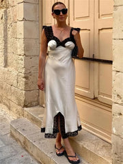 Patchwork Satin Lace Maxi Dress – Elegant V-Neck Evening Gown