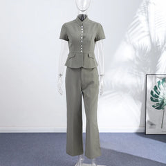 Short Sleeve Pinstripe Fitted Blazer and Wide Leg Pants Two-Piece Set