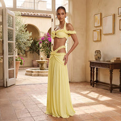 Halter Ruffle Crop Top and Cutout Maxi Skirt