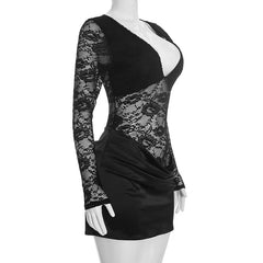 Sheer Lace V-Neck Long Sleeve Mini Dress