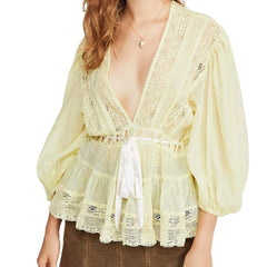 Puff Sleeve Lace Trim Peplum Top