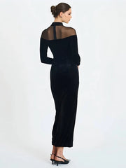 Black Velvet Sheer Off-shoulder Long Sleeve Maxi Dress