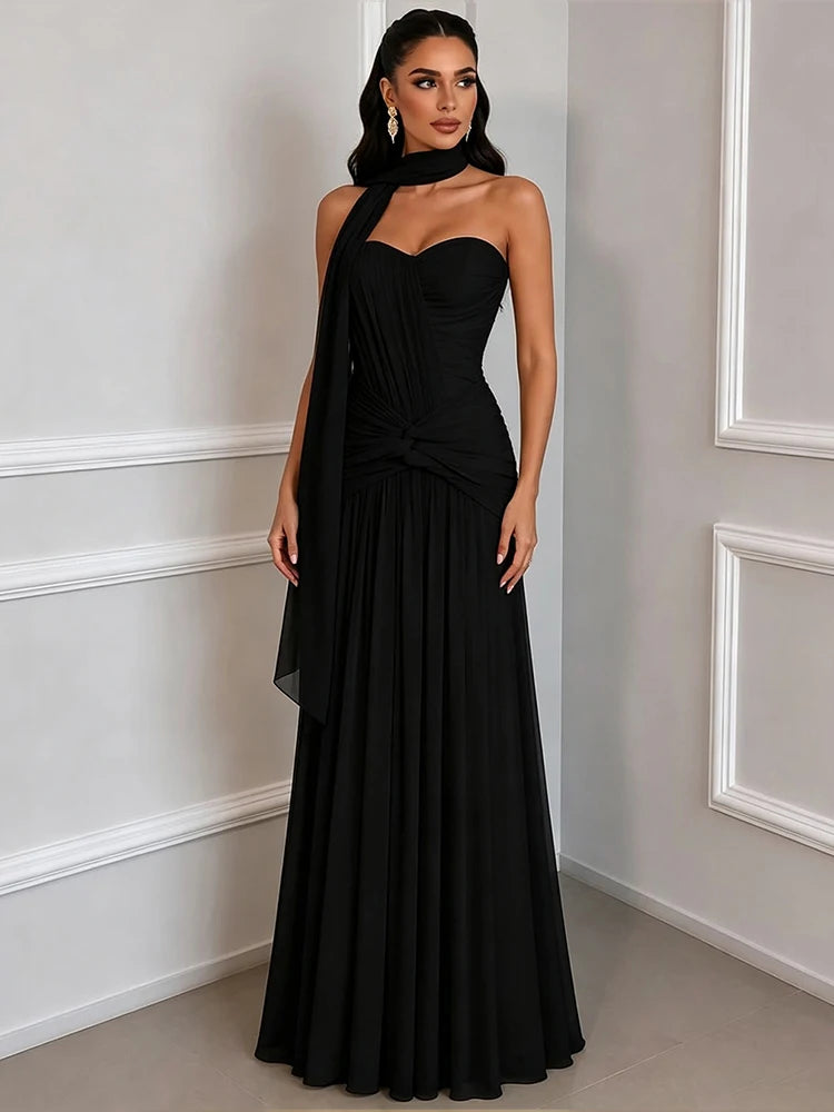 Black strapless knot gown