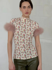 Mock Neck Feather Trim Sleeve Top