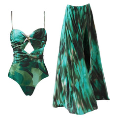 One-Shoulder Swimsuit with Oversized Flower Detail and Matching Printed Sarong Set