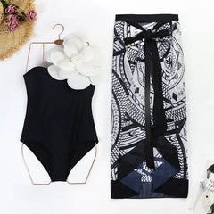One-Shoulder Swimsuit with Oversized Flower Detail and Matching Printed Sarong Set