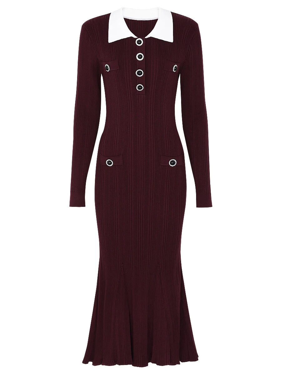 Maroon dress with white collar and buttons on a white background