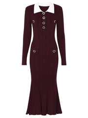Maroon dress with white collar and buttons on a white background