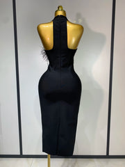 Turtleneck sleeveless diamond and feather embellished midi dress back view.
