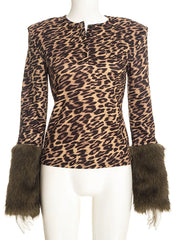 Leopard Print Fur Trim Long Sleeve Top