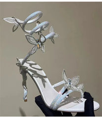 Crystal Embellished Butterfly Detail  Coiled Strap High Heels Gladiator Sandals