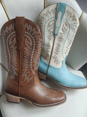 Embroidered Square Toe Block Heel Boots