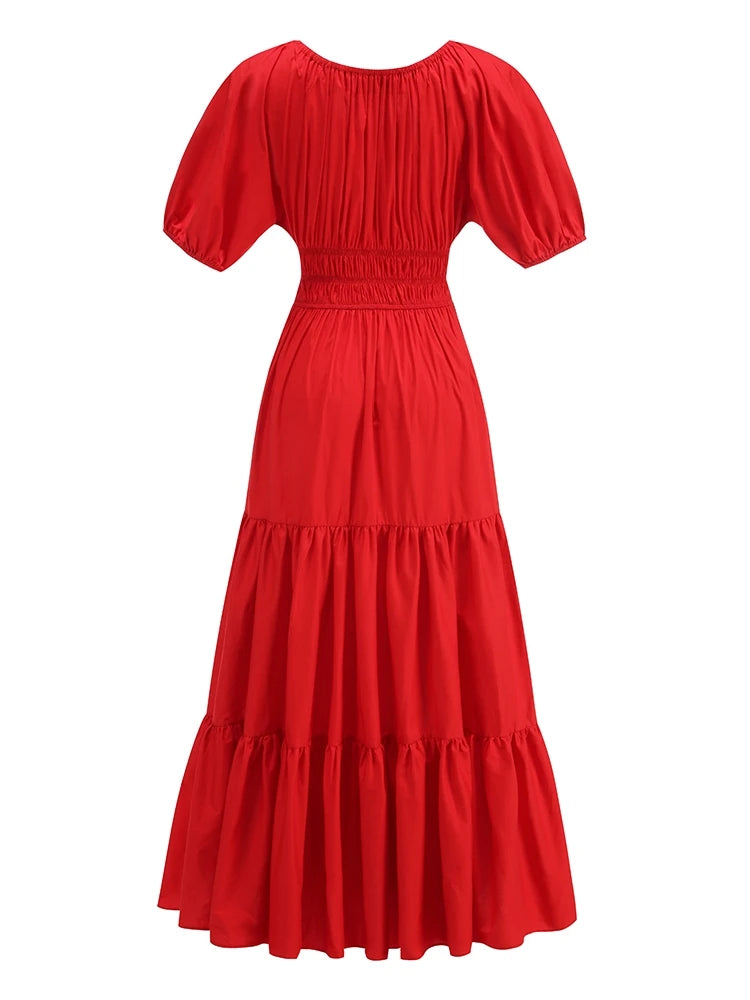 Red dress with puff sleeves on a white background