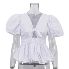 White Puff Sleeve Bow Cutout Top