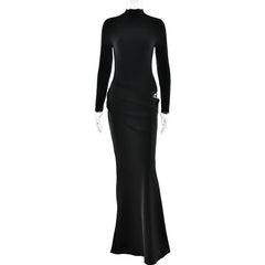 Satin Draped Cutout Turtleneck Maxi Dress
