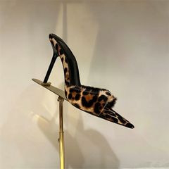 Faux Fur Trim Leopard Print Mule Heels