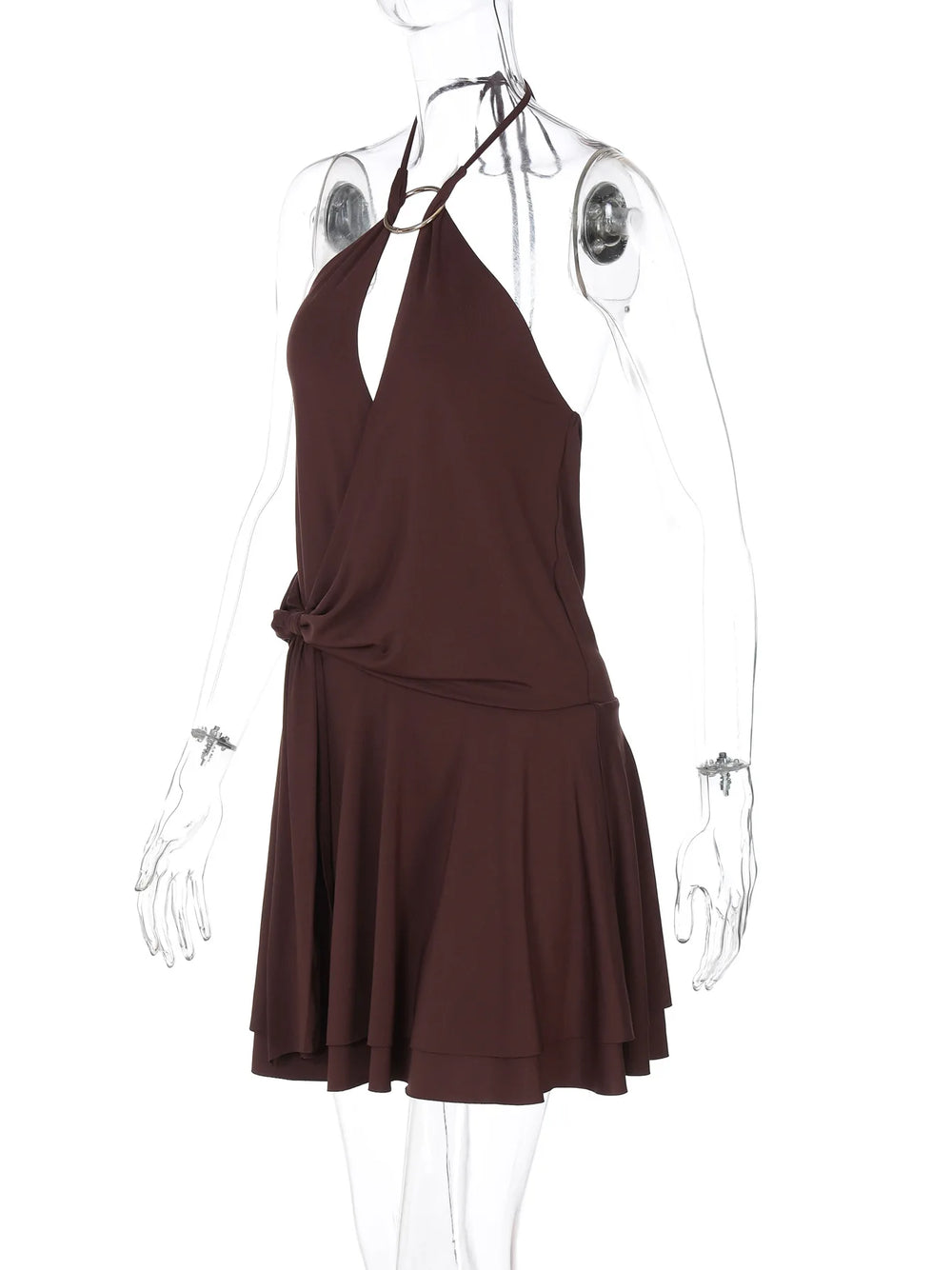 Brown halter dress on a mannequin against a white background