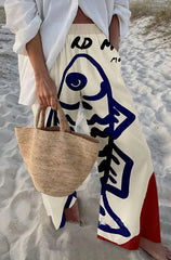 Ladies Beach Pants - Blue Fish Print Wide Leg Trousers