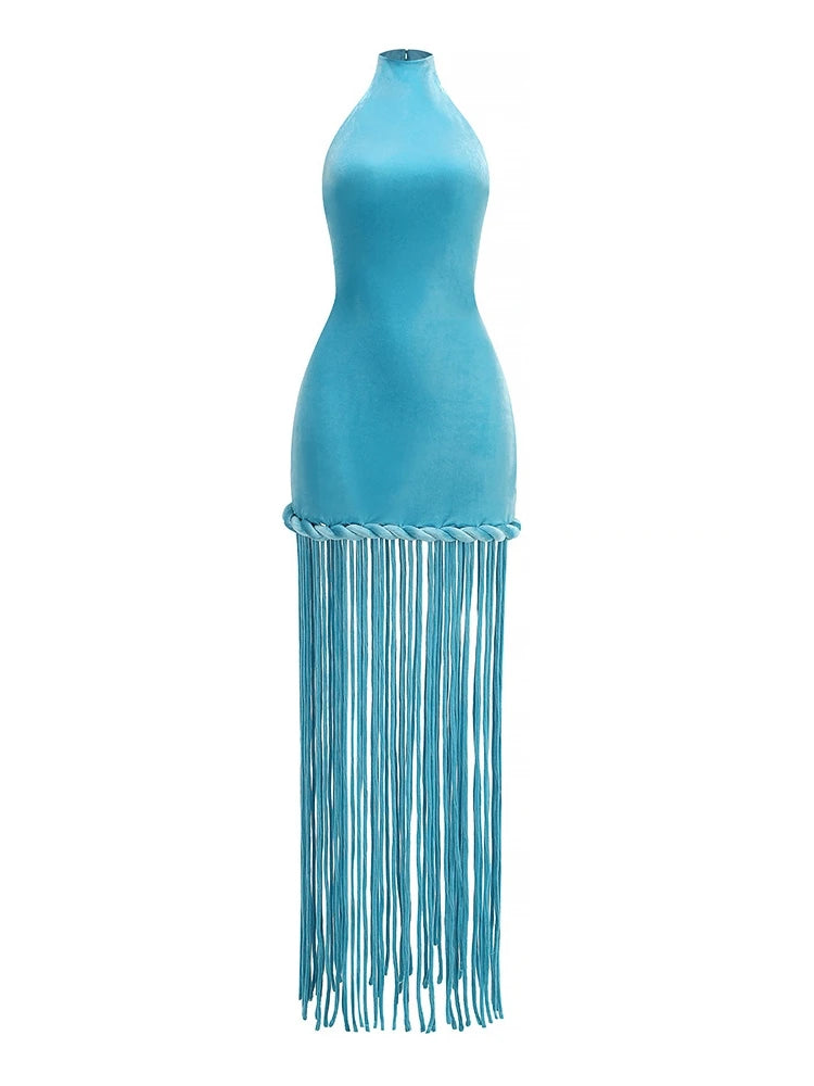 Turquoise dress with fringe on a white background