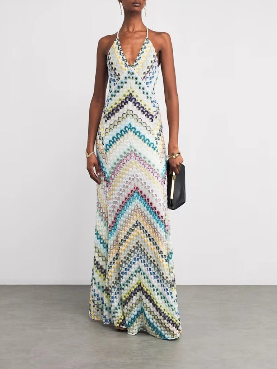 Full body view of rainbow chevron knit maxi dress