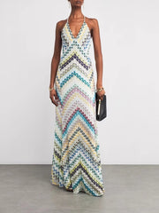 Full body view of rainbow chevron knit maxi dress