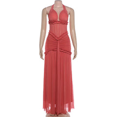 Deep V-Neck Halter Tie Up Corset Draped Waist Maxi Dress