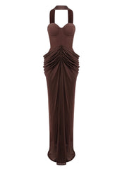 Strapless Corset Folds Wasit Detail Gown With Scarf