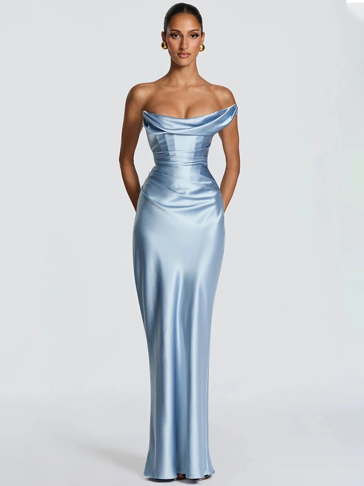 One shoulder cowl neck maxi dress in light blue satin