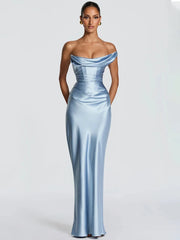 One shoulder cowl neck maxi dress in light blue satin