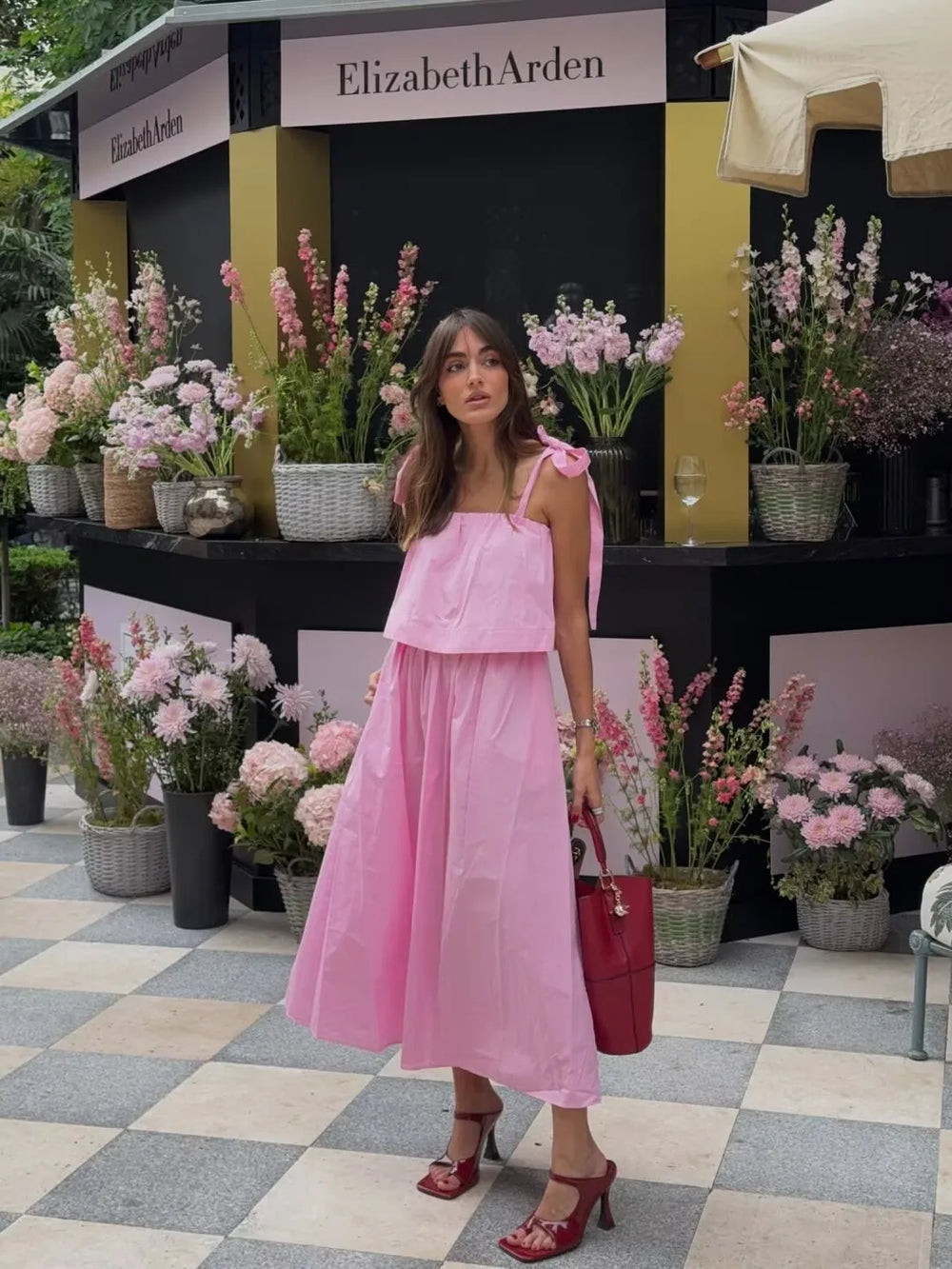 Pink bow tie strap midi dress