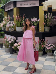 Pink bow tie strap midi dress
