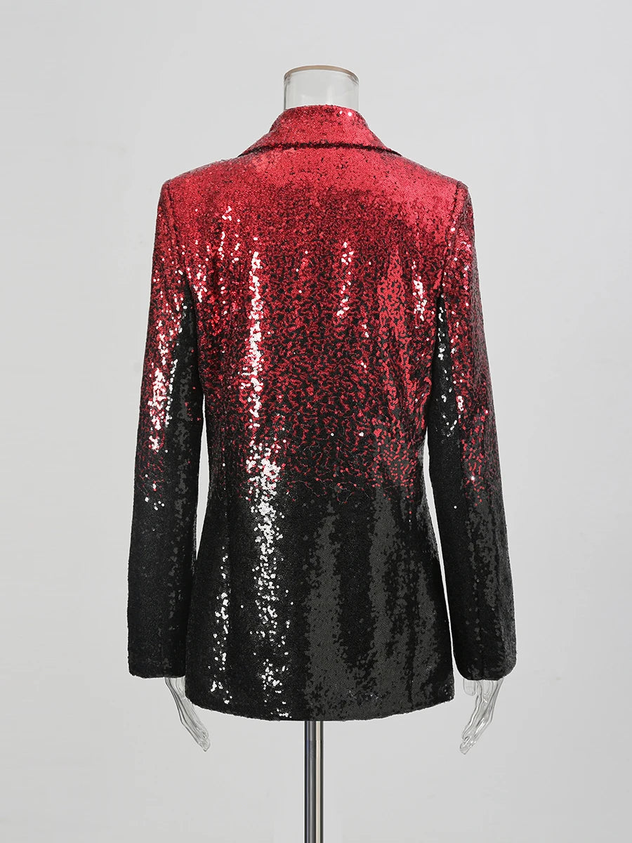 Red and black sequin jacket on a mannequin against a gray background