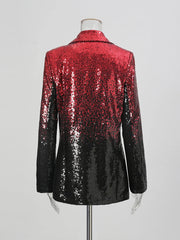 Red and black sequin jacket on a mannequin against a gray background
