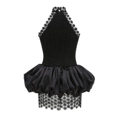 Black Lace Halter Neck Puffy Mini Dress