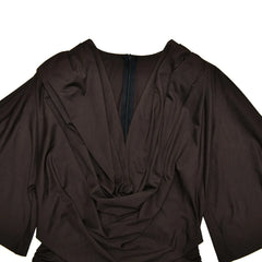 Brown dress with a deep neckline and long sleeves on a white background