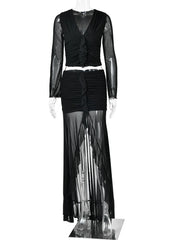 Ruffle Long Sleeve Crop Top and Mesh Midi Patchwork Skirt Set
