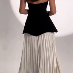 Strapless Flowers Patchwork Pleated Long Dress