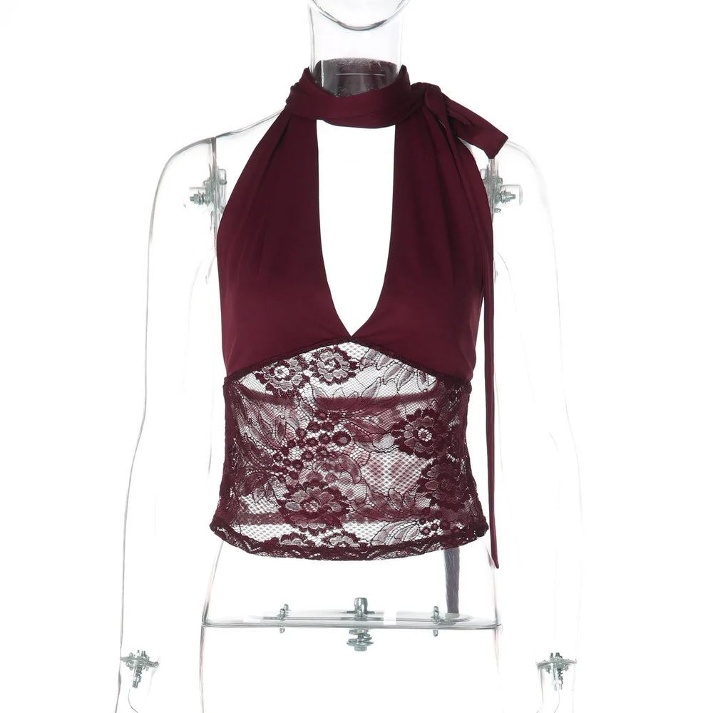 Maroon halter top with lace detail on a mannequin against a white background