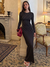 Black polka dot crew neck long sleeve maxi dress