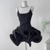 Rhinestone embellished wavy ruffled mini dress front view.
