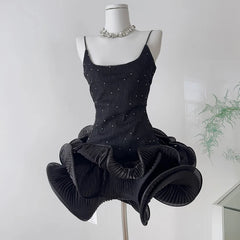 Rhinestone embellished wavy ruffled mini dress front view.