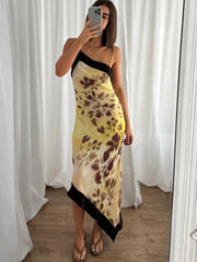 Diagonal collar plum blossom print asymmetrical hem dress held up