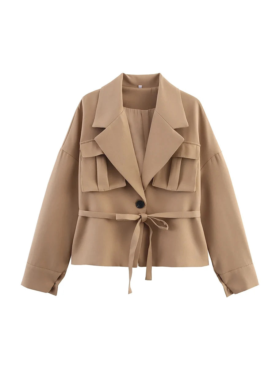 Beige jacket with a tie waist - front