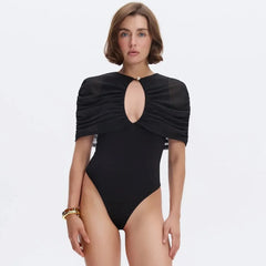 Ruched Cape Sleeve Keyhole Cut Out Bodysuit
