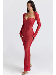 Sheer-sleeve lace gown with sculpted silhouette